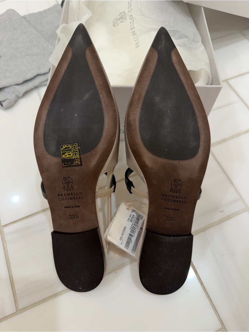 New Brunello Cucinelli Metallic Taupe Pointed Slingback Flats with Black Strap - Picture 8 of 8